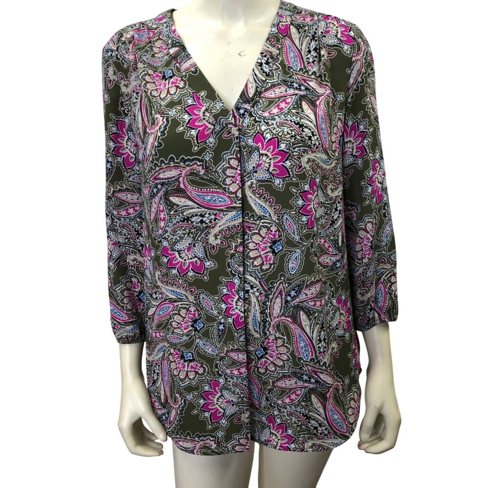 Jones New York Womens Paisley V-Neck Blouse Olive/Pink Lightweight Size M NWT‎